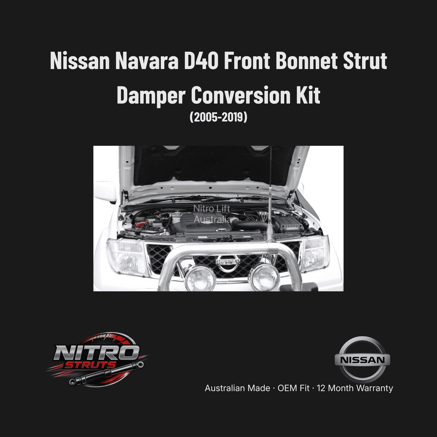 Nissan Navara D40 Front Bonnet Strut Damper Conversion Kit — Nitro Struts