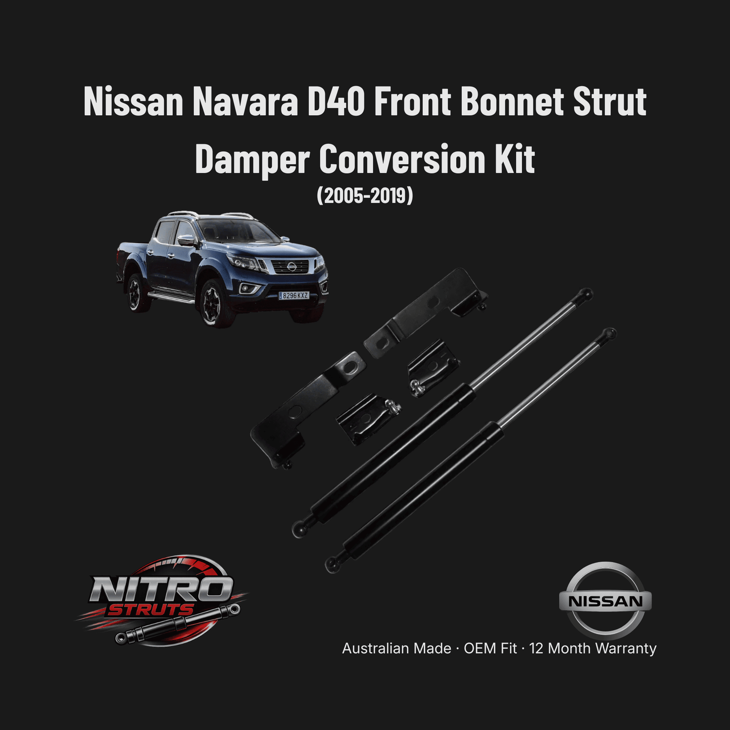 Nissan Navara D40 Front Bonnet Strut Damper Conversion Kit — Nitro Struts