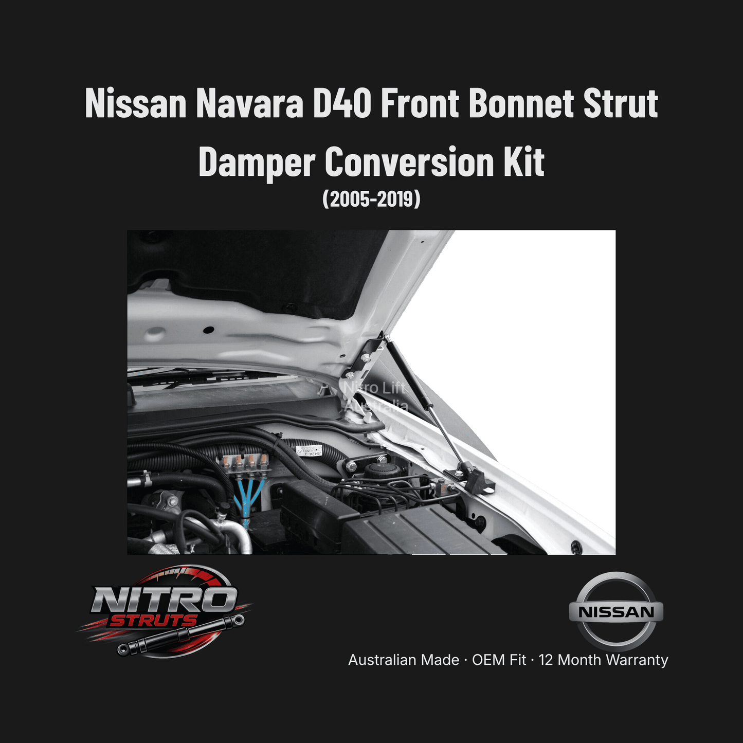 Nissan Navara D40 Front Bonnet Strut Damper Conversion Kit — Nitro Struts